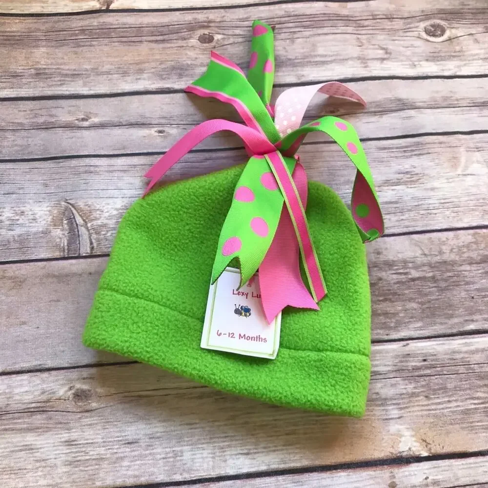 Lexy Lu Girls Hat‎ Sz 6-12 Months Pink Green Fleece Grosgrain Ribbon Tassel NEW